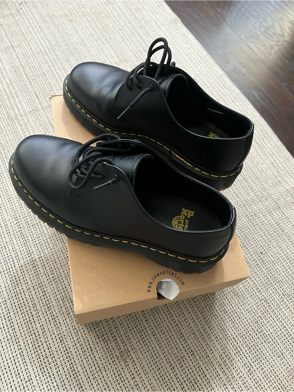 Dr. Martens 1461 Bex Black Leather Derby Shoes with Yellow Stitching